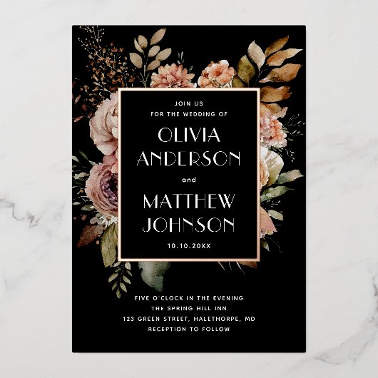 Elegant waterverf herfst floral gold black bruilof folie uitnodiging (Voorkant)