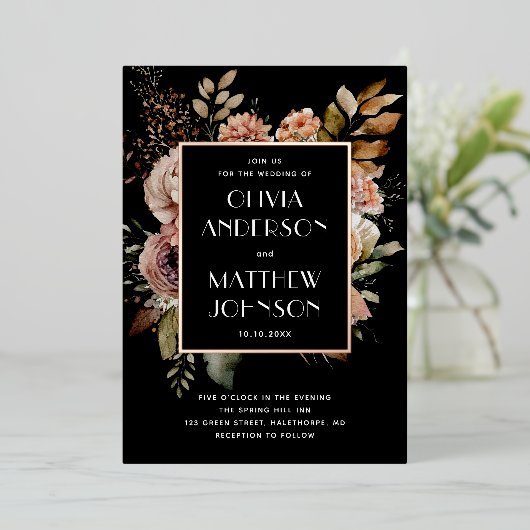 Elegant waterverf herfst floral gold black bruilof folie uitnodiging (Staand Voorkant)