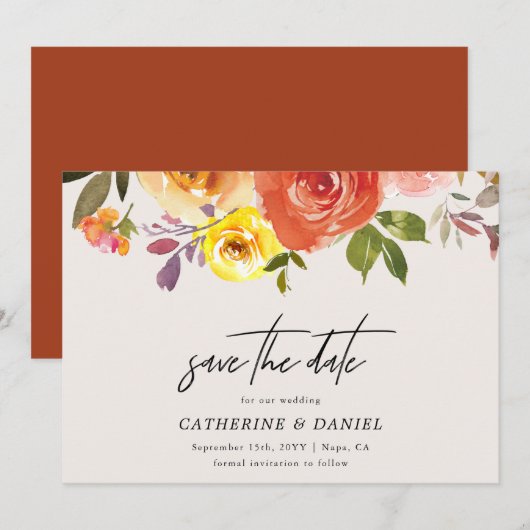 Elegant Waterverf herfst Floral Script Wedding Save The Date (Voorkant / Achterkant)