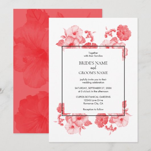Elegant Waterverf Hibiscus Wedding Invitations Kaart (Voorkant / Achterkant)