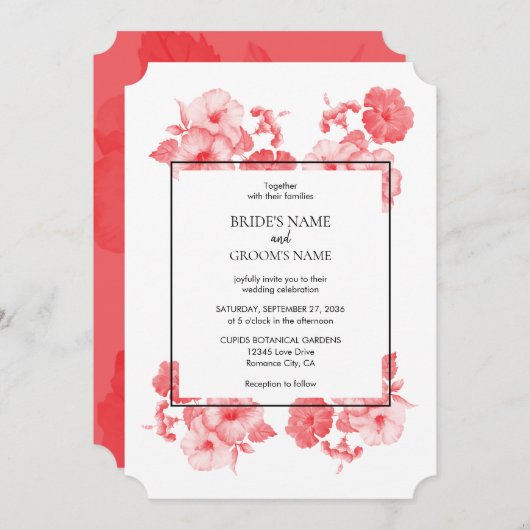 Elegant Waterverf Hibiscus Wedding Invitations Kaart (Voorkant / Achterkant)