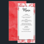Elegant Waterverf Hibiscus Wedding Menu<br><div class="desc">Dit ontwerp bevat elegante rode tropische hibiscus bloemen. De zwarte tekst staat tegenover de rode florale waterverf afbeelding. De zwarte rand rond de tekst creëer een gesofisticeerde, trendy en chic stijl. De eenvoudige opstelling van de typografie geeft het een verschillende stijl. Ideaal voor een tropische strandbruiloft. Elegant trouwmenu kaartontwerp met...</div>