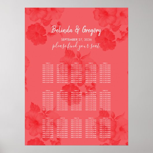 Elegant Waterverf Hibiscus Wedding Seding Chart Poster (Voorkant)
