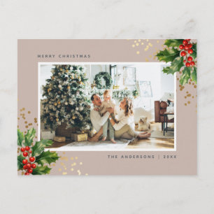 Elegant Waterverf Holly Berries Foto Feestdagenkaart