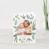 Elegant Waterverf Holly Berries & Greenery Foto Feestdagen Kaart (Voorkant)