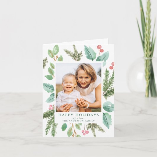 Elegant Waterverf Holly Berries & Greenery Foto Feestdagen Kaart (Voorkant)