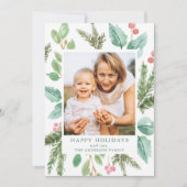 Elegant Waterverf Holly Berries & Greenery Foto Feestdagenkaart (Voorkant)