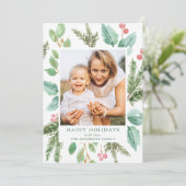 Elegant Waterverf Holly Berries & Greenery Foto Feestdagenkaart (Staand voorkant)