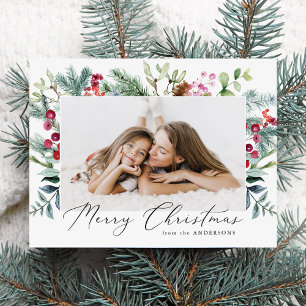 Elegant Waterverf Holly Berries & Greenery Foto Feestdagenkaart