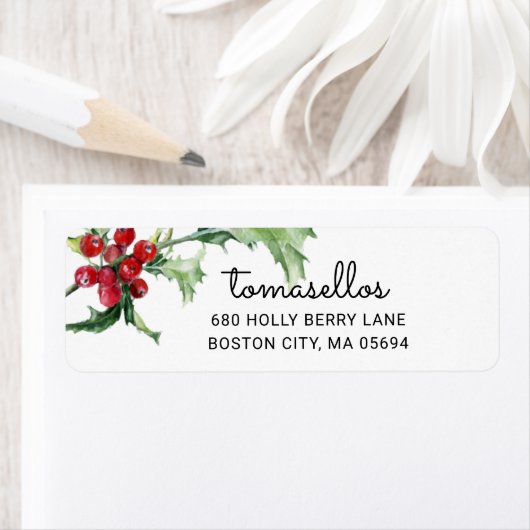 Elegant Waterverf Holly Berries Return Address Etiket (Insitu)