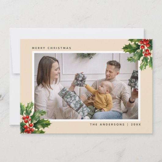 Elegant Waterverf Holly-fotokerstkaarten Feestdagenkaart (Voorkant)