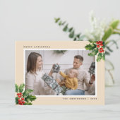 Elegant Waterverf Holly-fotokerstkaarten Feestdagenkaart (Staand voorkant)