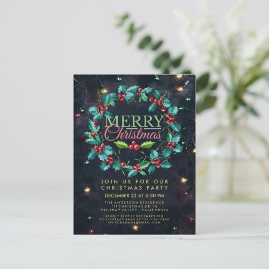 Elegant Waterverf Holly Wreater kerstparty Briefkaart (Staand voorkant)