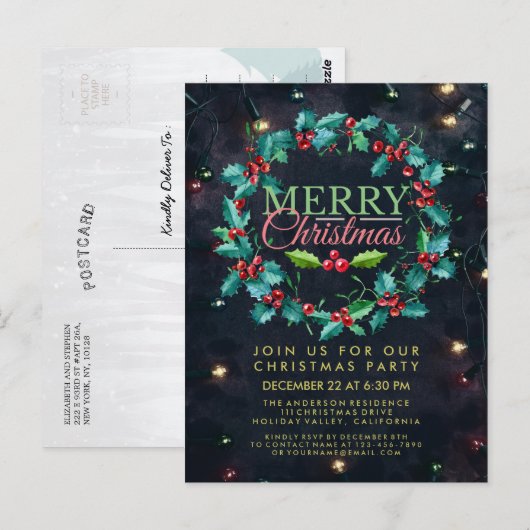 Elegant Waterverf Holly Wreater kerstparty Briefkaart (Voorkant / Achterkant)