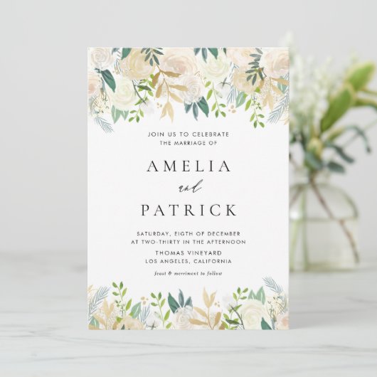 Elegant Waterverf Ivory Peonies Gold Foil Wedding Kaart (Staand voorkant)