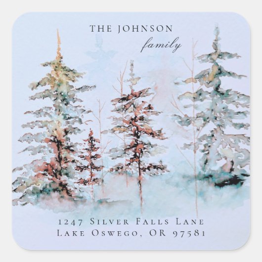 Elegant Waterverf Kerst Pijnboom Retouradres Vierkante Sticker (Voorkant)