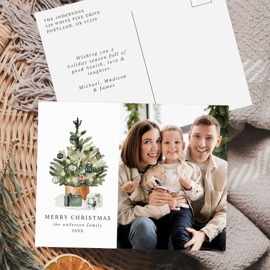 Elegant Waterverf kerstboom Foto Feestdagenkaart