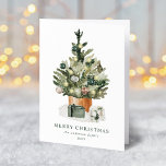 Elegant Waterverf kerstboom, niet-foto Feestdagen Kaart<br><div class="desc">Elegant niet-fotovakantiekaart met een feestelijke waterverf kerstboom, voorzien van glazen ornamenten en omgeven door verpakte cadeaus. Pas de kaart aan door een aangepaste groet, uw familienaam en het jaar toe te voegen. Voeg een douanebericht aan de binnenkant van de kaart toe of verlaat leeg om uw te schrijven. De achterkant...</div>