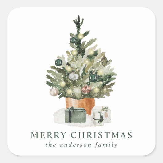Elegant Waterverf kerstboom Vierkante Sticker (Voorkant)