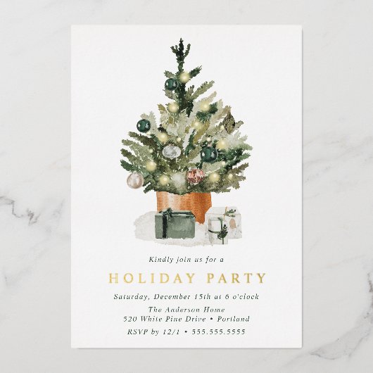 Elegant Waterverf kerstboomfeest Folie Uitnodiging (Voorkant)