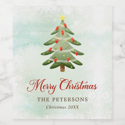 Elegant Waterverf kerstboomfeest Wijn Etiket (Enkel label)