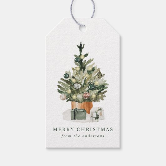 Elegant Waterverf kerstboomvakantie Cadeaulabel (Voorkant)