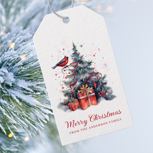 Elegant Waterverf kerstboomvakantie Cadeaulabel