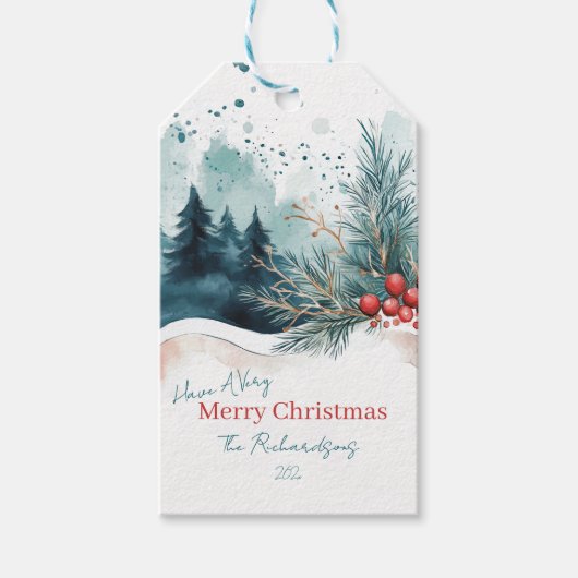 Elegant Waterverf kerstbos Cadeaulabel (Voorkant)
