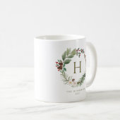 Elegant Waterverf Kerstkrans Monogram Koffiemok (Voorkant rechts)