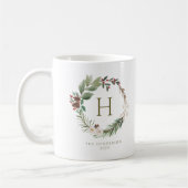 Elegant Waterverf Kerstkrans Monogram Koffiemok (Links)