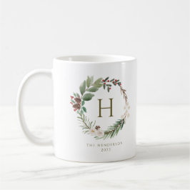 Elegant Waterverf Kerstkrans Monogram Koffiemok