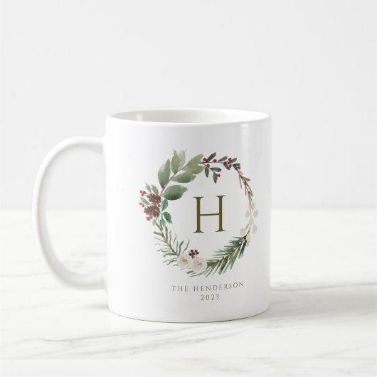 Elegant Waterverf Kerstkrans Monogram Koffiemok (Links)