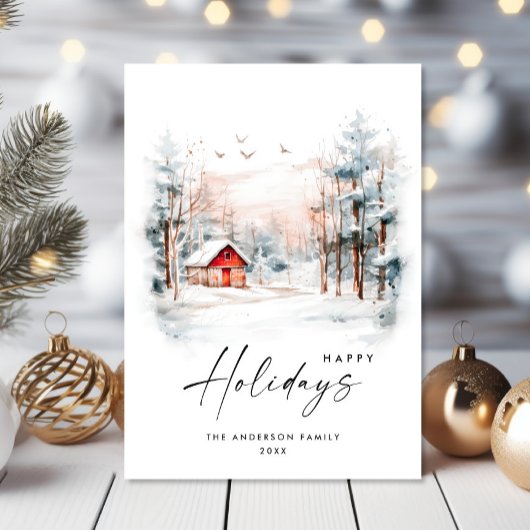 Elegant Waterverf kerstlandschap Feestdagenkaart