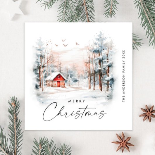 Elegant Waterverf kerstlandschap Feestdagenkaart