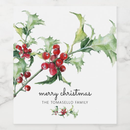 Elegant Waterverf Kerstman Holly Berries Naam Wijn Etiket (Enkel label)