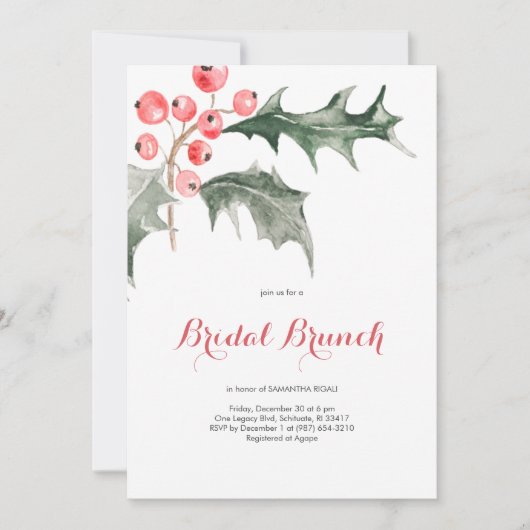Elegant Waterverf Kerstmis Holly Bridal Brunch Kaart (Voorkant)