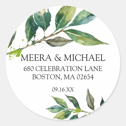 Elegant Waterverf laat retouradres bruiloft verlat Ronde Sticker (Voorkant)