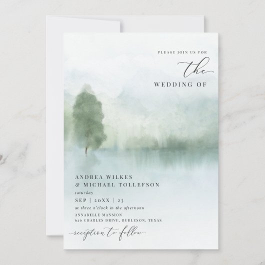 Elegant Waterverf Lake and Trees Wedding Invitati Kaart (Voorkant)
