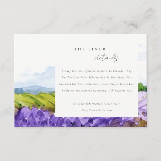 Elegant Waterverf Lavender Fields Wedding Details Informatiekaartje (Voorkant)
