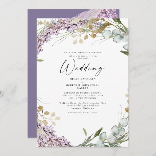 Elegant Waterverf Lavender Floral Wedding Kaart (Voorkant / Achterkant)
