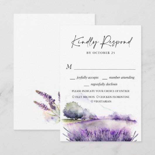 Elegant Waterverf Lavender Flowers Field Wedding RSVP Kaartje (Voorkant / Achterkant)