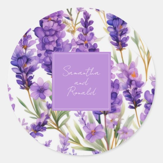 Elegant Waterverf Lavender Flowers Wedding Ronde Sticker (Voorkant)