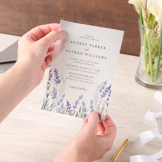 Elegant Waterverf Lavender Flowers Wedding Vellum Uitnodigingen (Draagbaar)