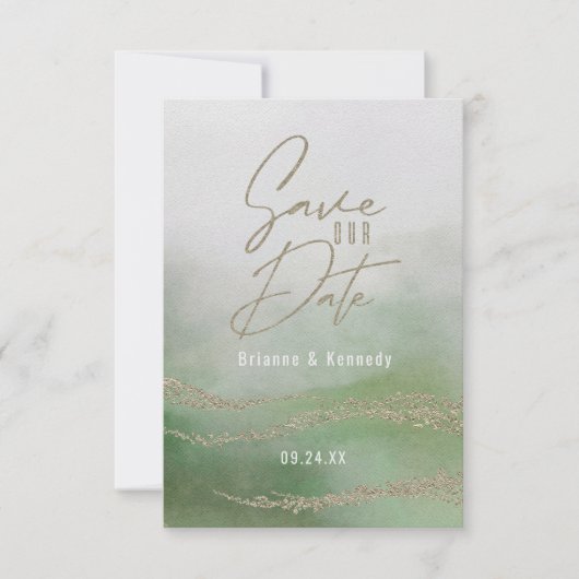 Elegant Waterverf Leaf Green & Gold Save the Date (Voorkant)