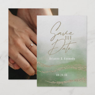Elegant Waterverf Leaf Green & Gold Save the Date