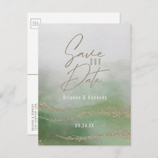 Elegant Waterverf Leaf Green & Gold Save the Date Aankondigingskaart (Voorkant / Achterkant)