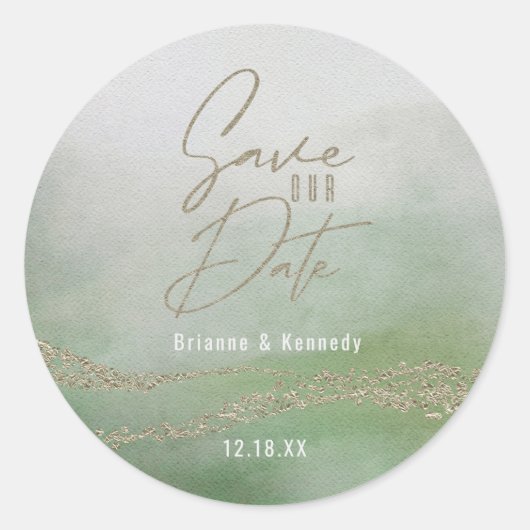 Elegant Waterverf Leaf Green & Gold Save the Date Ronde Sticker (Voorkant)
