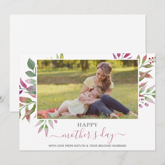 Elegant Waterverf Leaf Moederdag Foto Feestdagenkaart (Voorkant / Achterkant)