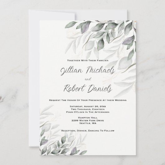 Elegant Waterverf Leaves Wedding Kaart (Voorkant)