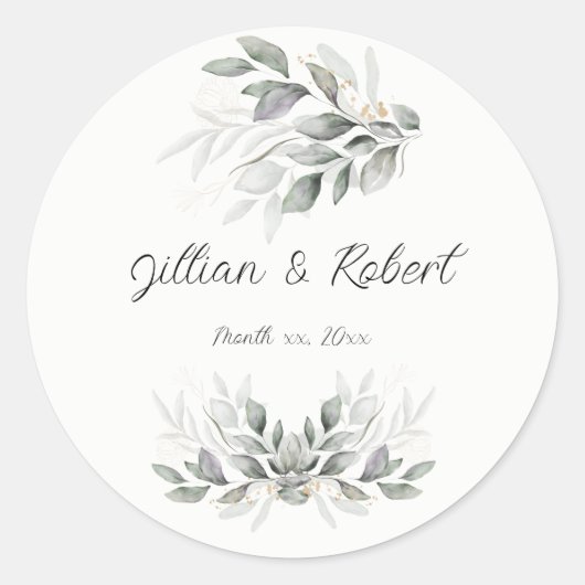 Elegant Waterverf Leaves Wedding Ronde Sticker (Voorkant)